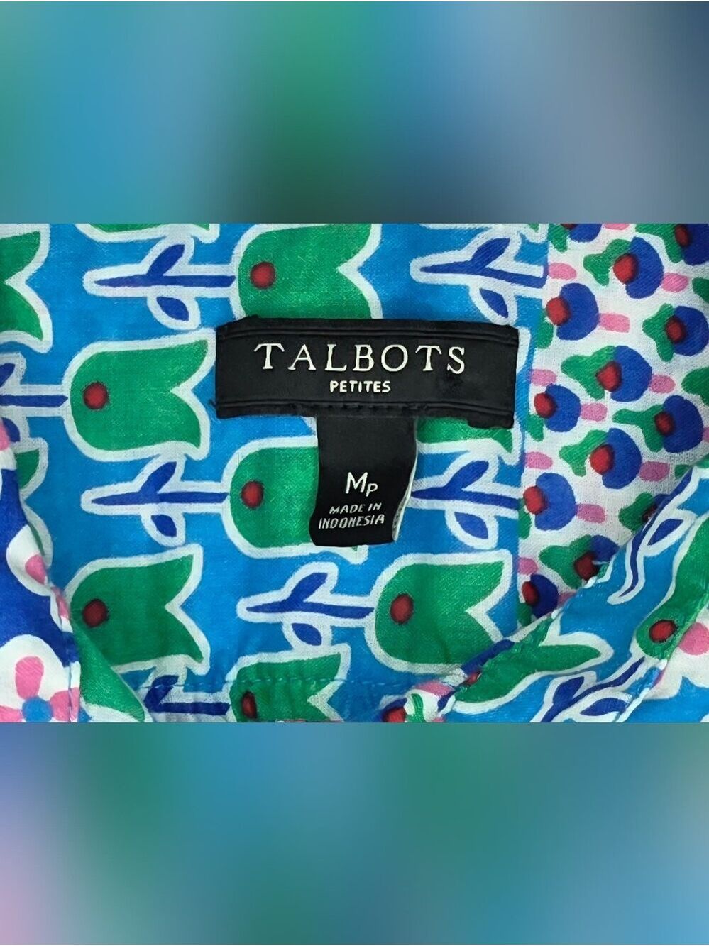 Talbots Petites Patchwork Print Button Front Blouse Blue Pink Green MP - Picture 11 of 16